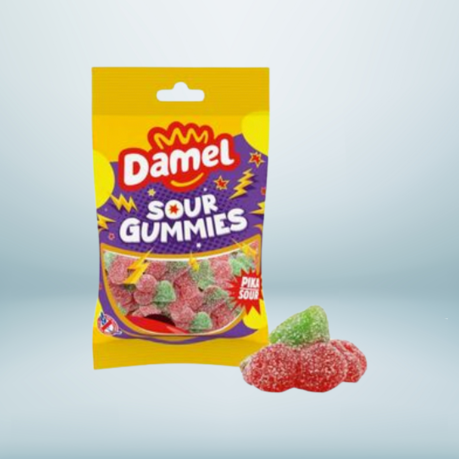 Bonbons Damel Cerises Pik Halal sur fond bleu, bonbons acidulés en forme de cerises au goût fruité intense.